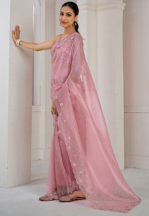 Embroidered Organza Saree in Light Pink