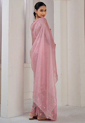 Embroidered Organza Saree in Light Pink