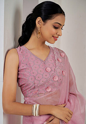 Embroidered Organza Saree in Light Pink