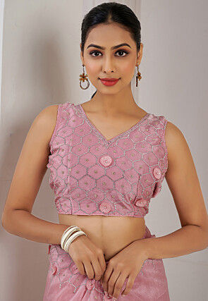 Embroidered Organza Saree in Light Pink