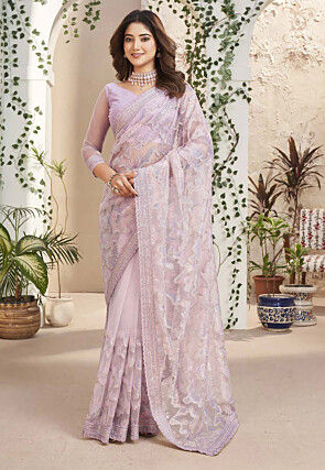 Embroidered Organza Saree in Light Purple