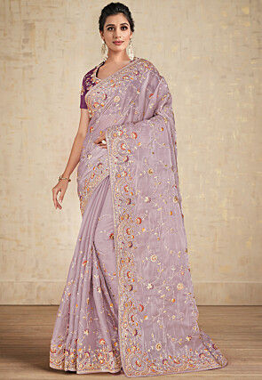 Embroidered Organza Saree in Light Purple
