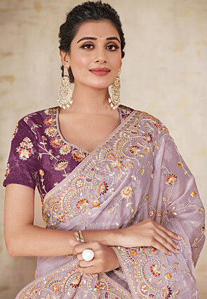 Embroidered Organza Saree in Light Purple