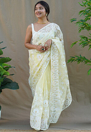 Embroidered Organza Saree in Light Yellow