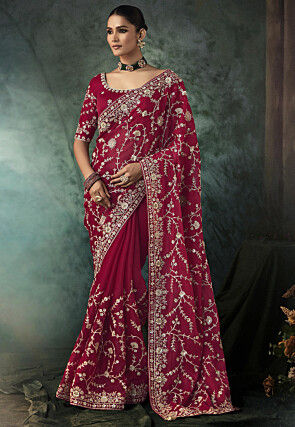 Embroidered Organza Saree in Magenta