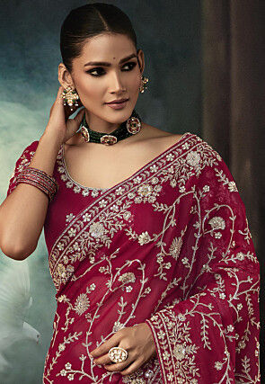 Embroidered Organza Saree in Magenta