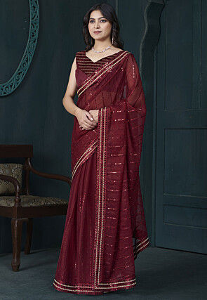 Embroidered Organza Saree in Maroon