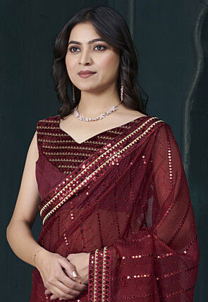 Embroidered Organza Saree in Maroon