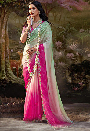 Embroidered Organza Saree in Multicolor