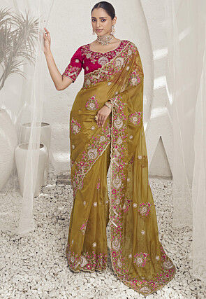 Embroidered Organza Saree in Mustard