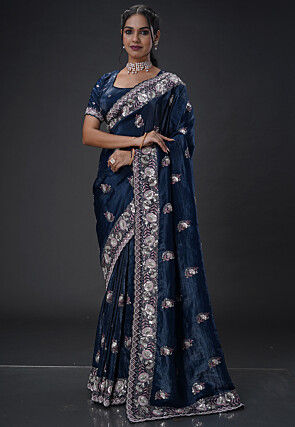 Embroidered Organza Saree in Navy Blue