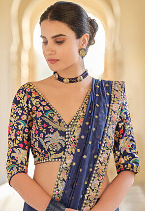 Embroidered Organza Saree in Navy Blue