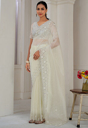 Embroidered Organza Saree in Off White
