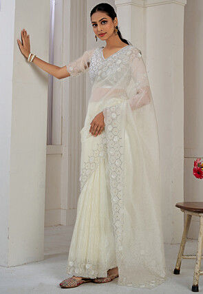Embroidered Organza Saree in Off White