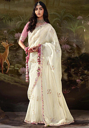 Embroidered Organza Saree in Off White