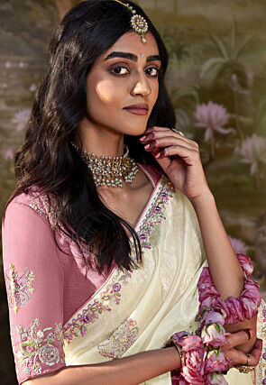 Embroidered Organza Saree in Off White