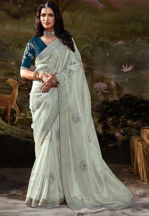 Embroidered Organza Saree in Off White