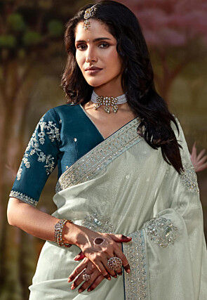 Embroidered Organza Saree in Off White