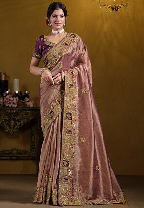 Embroidered Organza Saree in Old Rose