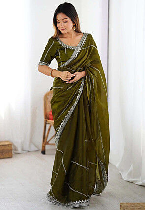 Embroidered Organza Saree in Olive Green