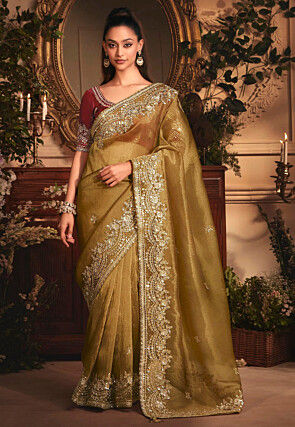 Embroidered Organza Saree in Olive Green