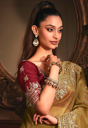 Embroidered Organza Saree in Olive Green