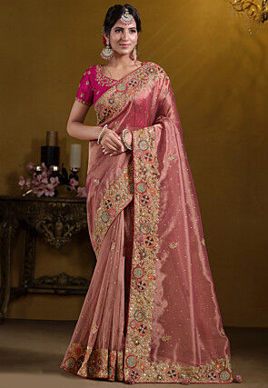 Embroidered Organza Saree in Peach