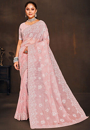 Embroidered Organza Saree in Peach
