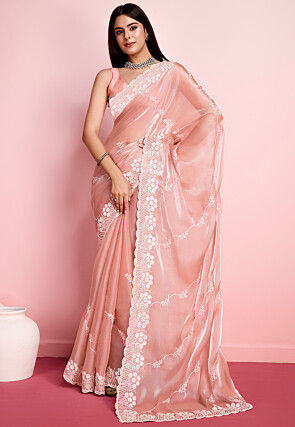 Embroidered Organza Saree in Peach