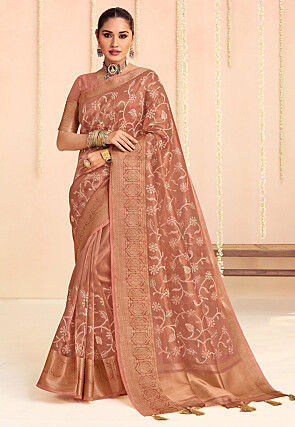Embroidered Organza Saree in Peach