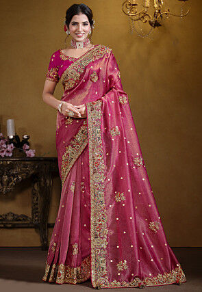 Embroidered Organza Saree in Pink