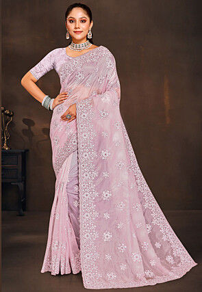 Embroidered Organza Saree in Pink