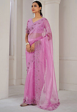 Embroidered Organza Saree in Pink