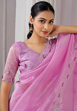 Embroidered Organza Saree in Pink