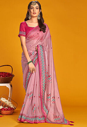 Embroidered Organza Saree in Pink