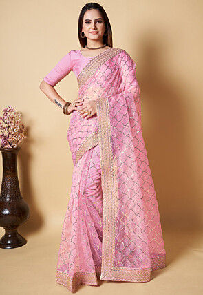 Embroidered Organza Saree in Pink