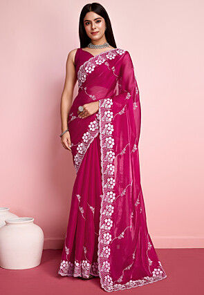 Embroidered Organza Saree in Pink