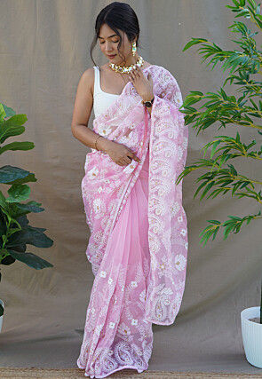 Embroidered Organza Saree in Pink