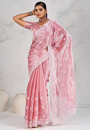 Embroidered Organza Saree in Pink