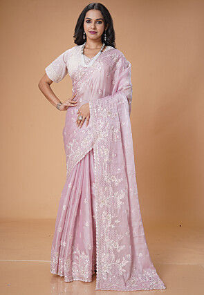Embroidered Organza Saree in Pink