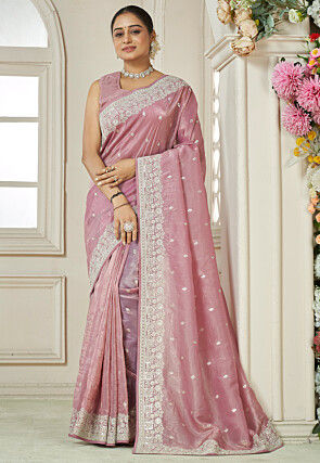 Embroidered Organza Saree in Pink