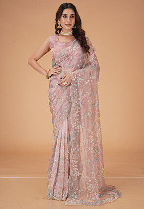 Embroidered Organza Saree in Pink