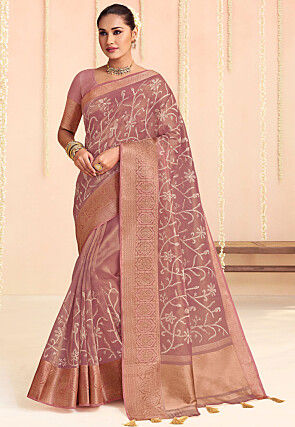 Embroidered Organza Saree in Pink