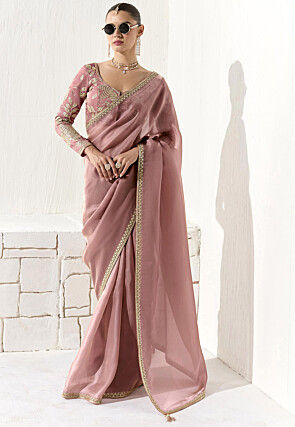 Embroidered Organza Saree in Pink