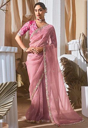 Embroidered Organza Saree in Pink
