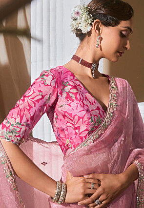 Embroidered Organza Saree in Pink