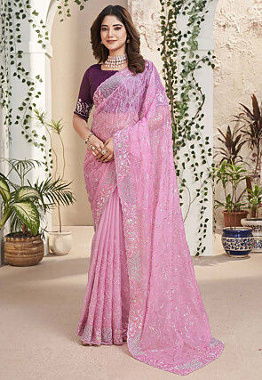Embroidered Organza Saree in Pink