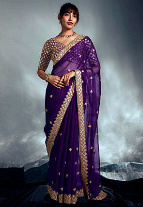 Embroidered Organza Saree in Purple