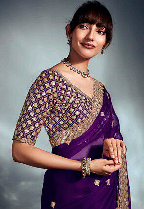 Embroidered Organza Saree in Purple