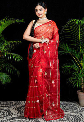 embroidered organza saree in red v1 sby782